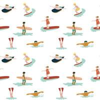 Cartoon swimmers and surfers pattern with diverse characters on white background vector