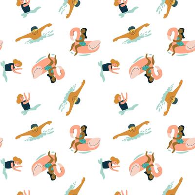 Diverse swimmers and pool floats pattern with kids swimming fun
