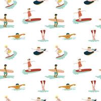 Colorful pattern of diverse surfers and swimmers on white background vector