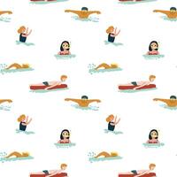 Seamless pattern of diverse people swimming on white background vector