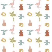 Boho summer elements pattern with flamingos, palms, and vases for creative design vector