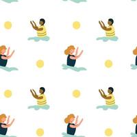 Seamless pattern with diverse characters practicing meditative yoga on white background vector