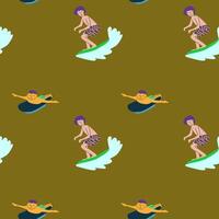 Cartoon surfer pattern with cheerful characters on brown background vector