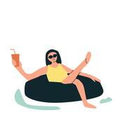 Female enjoying summer with drink on inflatable in pool cartoon illustration vector