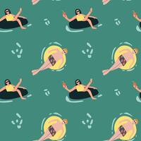 Seamless swimming pool pattern with caucasian male and female adults relaxing on floats vector