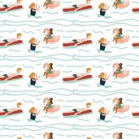 Playful beach pattern with diverse characters relaxing on floaties in waves vector