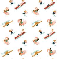 Illustrated pattern of diverse children swimming and playing with inflatable floats vector