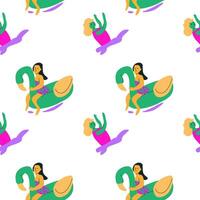 Cartoon pattern of diverse women on pool floats and swimming in water vector