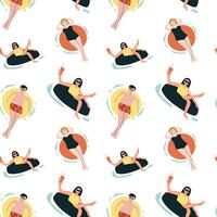 Seamless pattern of diverse women relaxing on pool floats in swimsuits vector