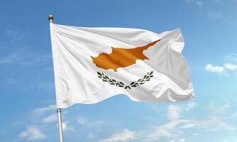 Cyprus national flag with island map and olive branches waving photo
