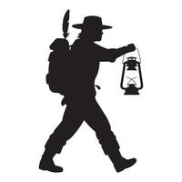 Adventurer Walking with Lantern Silhouette on White Background vector