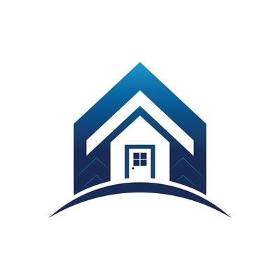 Modern blue house logo with curved base, graphic, real estate icon, minimalist design, home symbol, architectural style