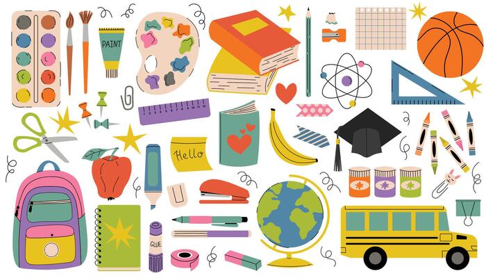 Playful cartoon style set of back to school elements featuring stationery, student hat, school bus, books, notes, and backpack. Bright and fun design perfect for educational themes.
