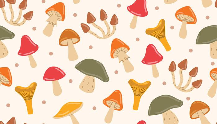 Seamless pattern featuring cute autumn mushrooms and scattered dots. Warm and cozy design, perfect for seasonal fabric, wrapping paper, or fall-themed decor.