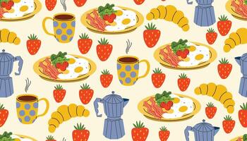 Seamless cartoon flat pattern with fried eggs and bacon, coffee maker and coffee cup, strawberries and croissants. Cozy breakfast design ideal for textiles, paper, menus, and kitchen-themed surfaces. vector