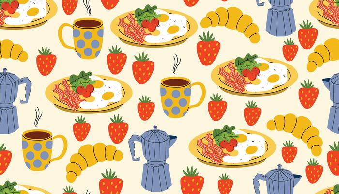 Seamless cartoon flat pattern with fried eggs and bacon, coffee maker and coffee cup, strawberries and croissants. Cozy breakfast design ideal for textiles, paper, menus, and kitchen-themed surfaces.