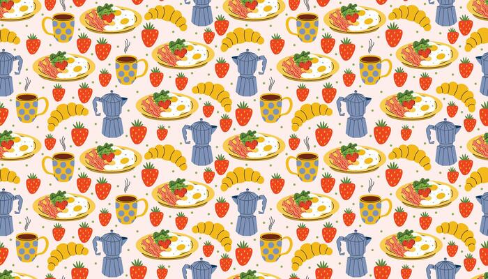 Fun seamless pattern in flat cartoon style featuring plates with eggs and bacon, coffee makers, strawberries, croissants, and hot coffee. Perfect for breakfast prints and cozy culinary decor.