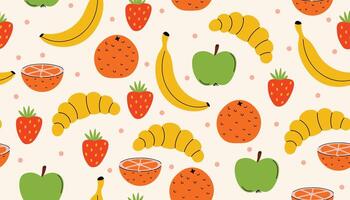 Seamless cartoon flat style pattern with oranges, strawberries, apples, and croissants. Fresh and fun fruity breakfast theme, perfect for wrapping paper, textiles, or kitchen-themed designs. vector