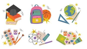 Cartoon flat style still life set for Back to School theme. Includes school and art supplies like books, paints, ruler, globe and backpack arranged in a cheerful educational compositions. vector