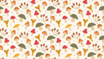 Flat-style autumn mushrooms arranged in a seamless repeat with tiny scattered dots. Great for wrapping paper, children's designs, or rustic fall-themed products. vector
