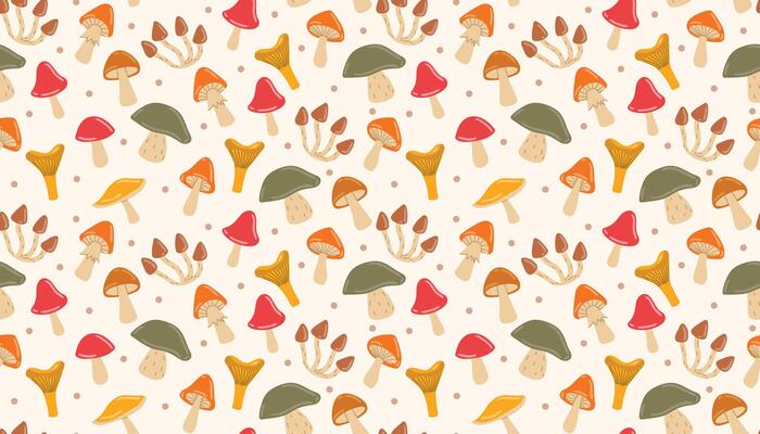 Flat-style autumn mushrooms arranged in a seamless repeat with tiny scattered dots. Great for wrapping paper, children's designs, or rustic fall-themed products.