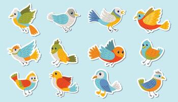 Set of colorful cartoon stickers with birds in flat style, featuring various species with bright feathers. Stickers of flying birds isolated on blue background. vector