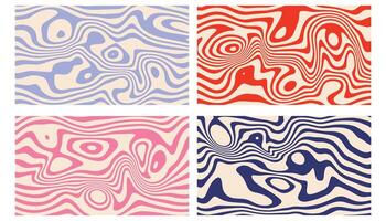 Set of four abstract backgrounds featuring wavy, fluid, organic striped textures. Smooth flowing lines create a modern, dynamic look. Ideal for posters, digital art, packaging, or branding visuals. vector