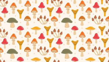 Hand-drawn seamless pattern with fall mushrooms and soft dotted accents. Cozy woodland mood for use in stationery, crafts, and seasonal surface design. vector