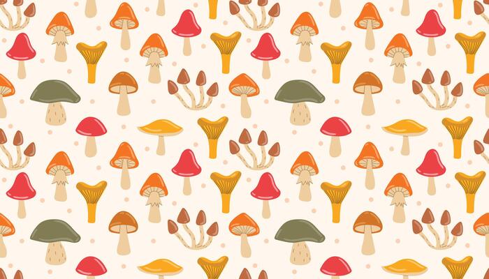 Hand-drawn seamless pattern with fall mushrooms and soft dotted accents. Cozy woodland mood for use in stationery, crafts, and seasonal surface design.