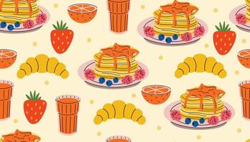 Playful seamless pattern with cartoon breakfast elements including pancakes, juice, strawberries, and croissants. Bright and appetizing design ideal for textiles, wrapping paper, or cafe branding. vector