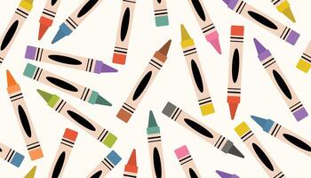 Playful seamless pattern featuring pastel crayons scattered in a messy, random layout. Rendered in cartoon flat style, this design brings a fun and creative vibe. Perfect for children's products. vector