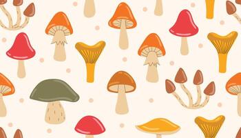 Colorfl autumn mushroom seamless pattern with small dots. Earthy and playful design, ideal for textile prints, packaging, or autumn-inspired digital projects. vector