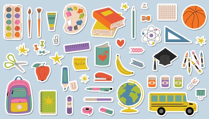 Fun and colorful set of cartoon stickers for Back to School theme. Includes stationery, student hat, school bus, books, note, and backpack. Flat style design.