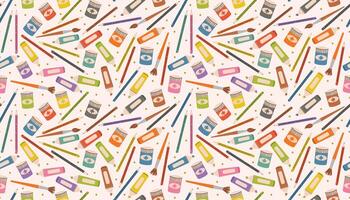 Cute seamless pattern featuring colorful art tools like crayons, brushes, pencils, and paints in flat cartoon style. A playful and creative design ideal for kids' crafts and school projects. vector