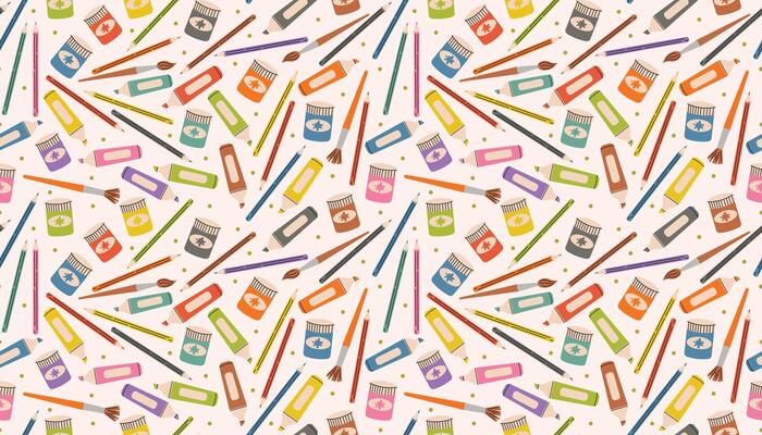 Cute seamless pattern featuring colorful art tools like crayons, brushes, pencils, and paints in flat cartoon style. A playful and creative design ideal for kids' crafts and school projects.
