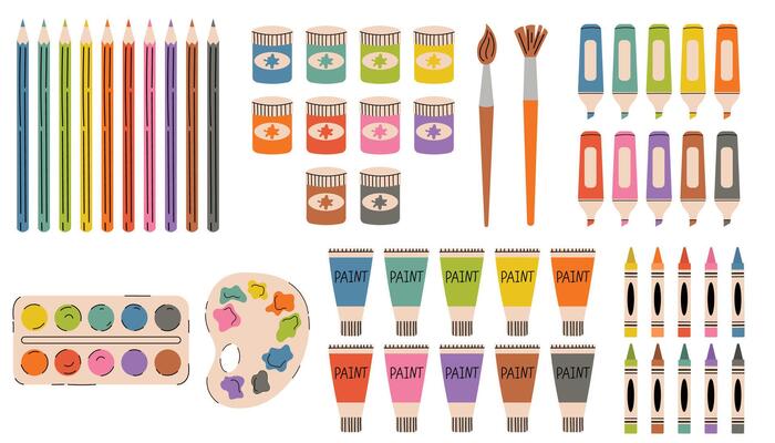 Cartoon flat style collection of colorful art supplies including pencils, markers, crayons, and watercolor paints in ten vivid color variations. Fun and creative set perfect for school themes.
