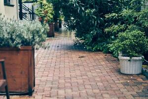 A stone house in the backyard with a small garden and large trees, with a stone sidewalk along the garden. There is a place to copy photo
