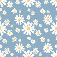 Seamless pattern with hand drawn chamomile flower on blue background. vector