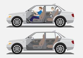 sedan car cutaway side open view with driver and passenger and empty inside vector