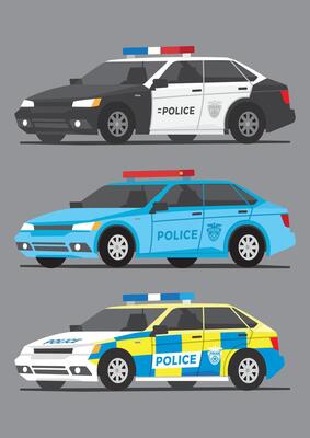 modern police cars with multiple colors black white blue and yellow and sirens on top