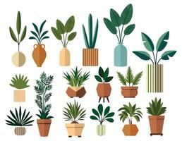 Minimal flat-style set of potted plants and greenery. Great for modern decor, botanical prints, branding, web design, and indoor plant themes. vector