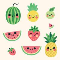 Adorable summer fruit set in kawaii style with smiling faces. Includes watermelon, pineapple, strawberries, and more in bright, cheerful colors. vector