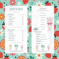 Minimalistic hand-drawn ice cream shop menu design featuring sweet treats, dessert icons, and modern layout elements in a simple, clean aesthetic. vector