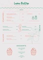 Elegant minimalistic restaurant menu design for Luna Bistro featuring modern typography, clean layout, and refined visual elements perfect for upscale dining. vector