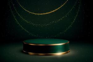 Green podium with golden edge on sparkling dark background vector