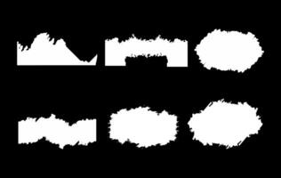 Collection of white, irregular brushstroke shapes with torn edges on a black backdrop. vector