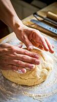 Close-up view of hands skillfully kneading dough in a kitchen environment, surrounded by flour and utensils. photo