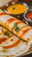 A savory crepe styled with enticing stripes of sauce and garnished with fresh herbs alongside colorful dips. Perfect for representing culinary flair, food presentations, or appetizing meals. photo