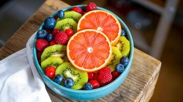 Refreshing fruit bowl with kiwi, grapefruit, and berries, a colorful and healthy snack photo