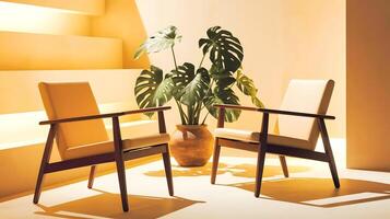Contemporary sitting area featuring two wooden armchairs and a potted tropical plant. The bright and minimalistic design creates a warm and inviting atmosphere for relaxation and conversation. photo
